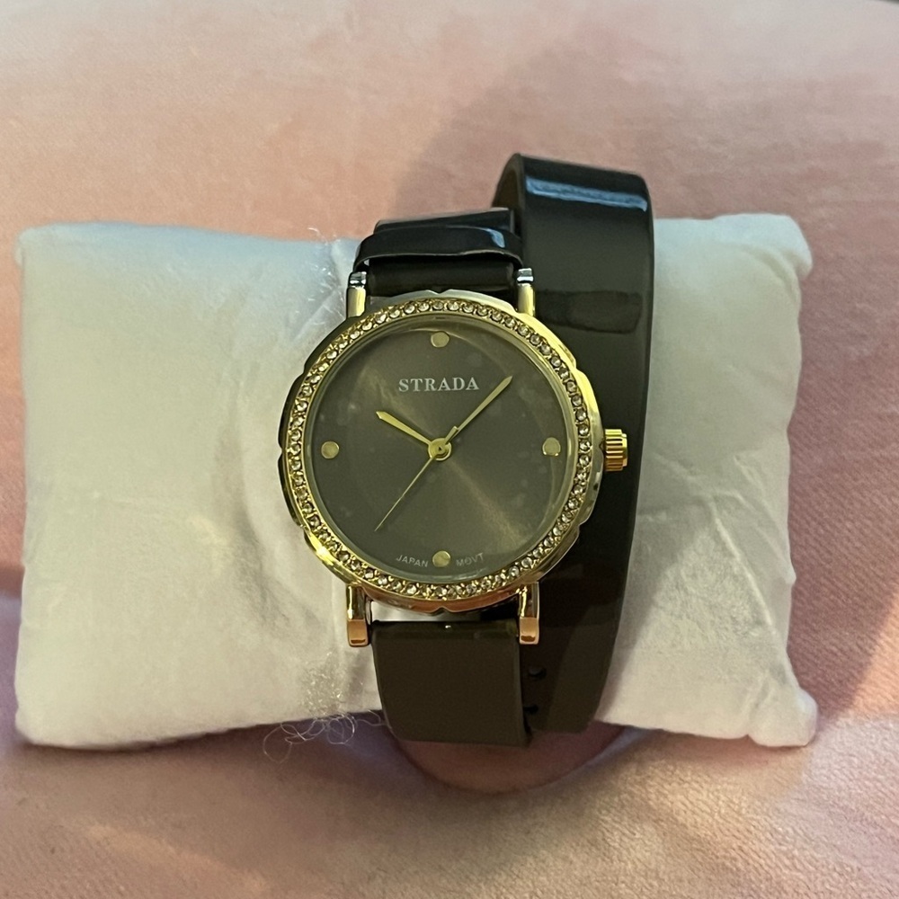 Strada Australian Crystal Japanese Movement Watch Brown Leather 2 Row Strap​​